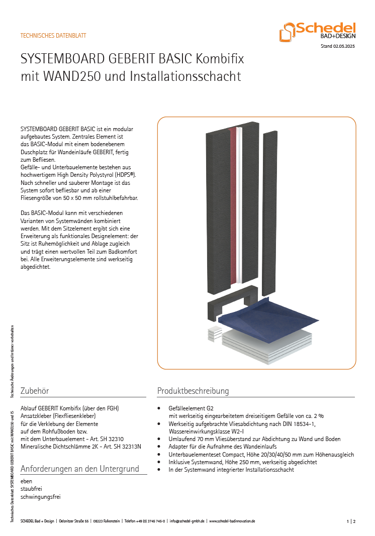 Systemboard GEBERIT BASIC Kombifix mit Wand 250 und Installationsschacht